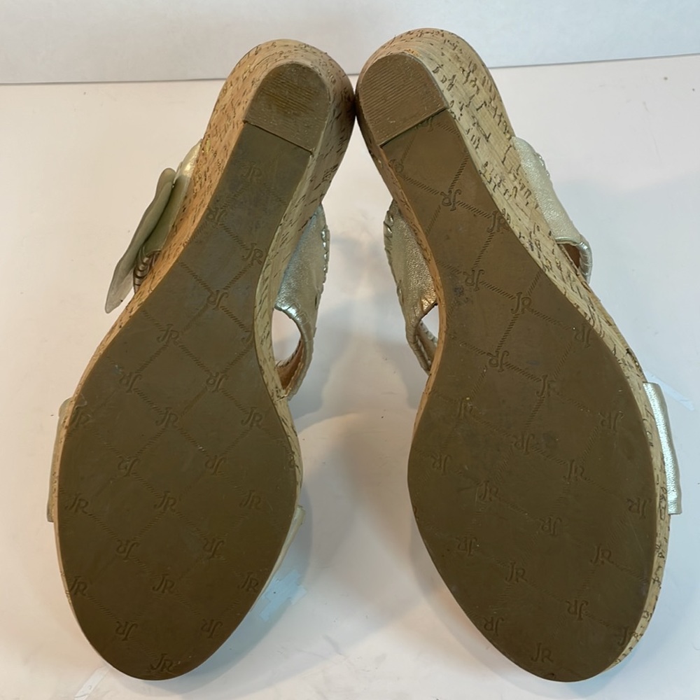 🌸JACK ROGERS PLATINUM LEATHER WEDGE SANDALS WITH CORK HEEL SIZE 9M. - Picture 7 of 9